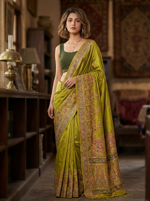 Luxurious Pashmina Silk Saree featuring Intricate Kalka Weave
