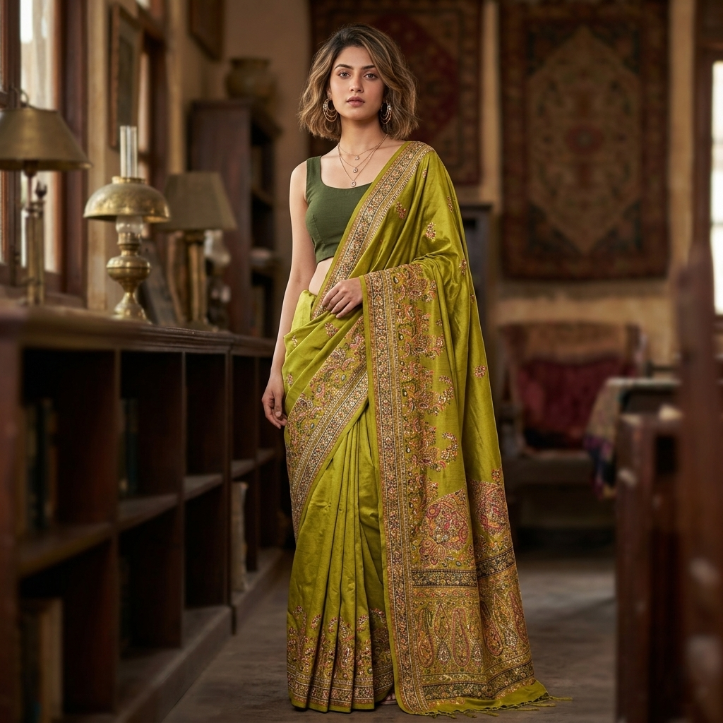 Luxurious Pashmina Silk Saree featuring Intricate Kalka Weave