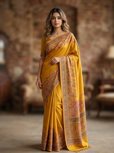 Luxurious Pashmina Silk Saree featuring Intricate Kalka Weave