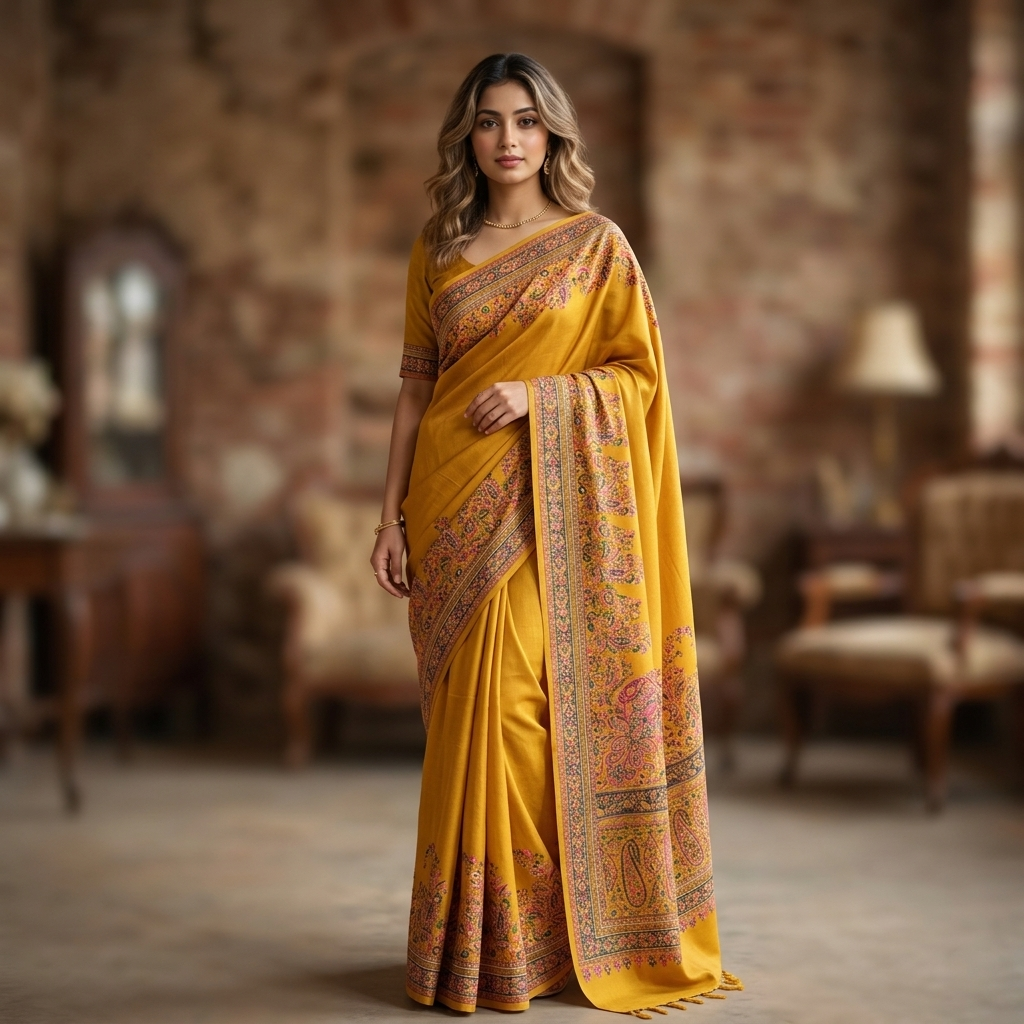 Luxurious Pashmina Silk Saree featuring Intricate Kalka Weave
