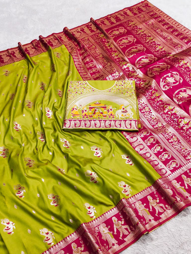 Premium Triple-Tone Bishnupuri Swarnachuri Silk Saree with Blouse Piece
