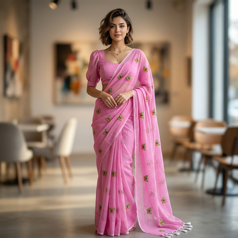 Butterfly Embroidered Mal Cotton Saree