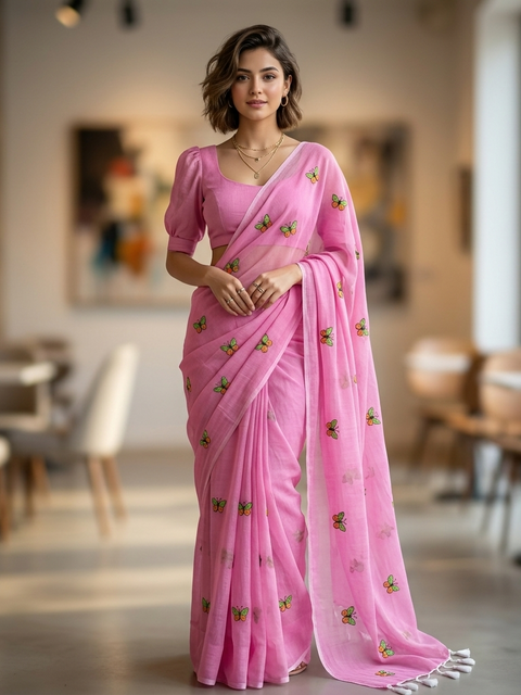 Butterfly Embroidered Mal Cotton Saree