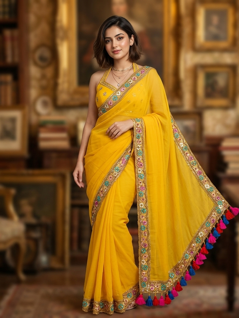 Fine 120 Count Mulmul Cotton Saree with Embroidered Zardosi Lace