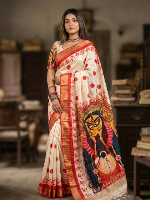 Durga Puja Special Hand-Painted Digital Semi-Bapta Silk Saree