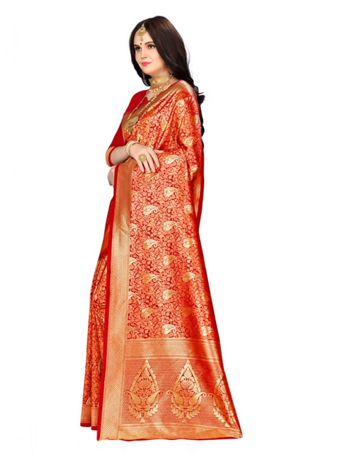 Women's Banarasi silk Saree with Blouse (Red, 5-6mtr)