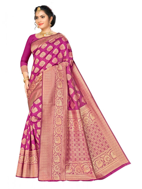 Women's Banarasi silk Saree with Blouse (Wine, 5-6mtr)