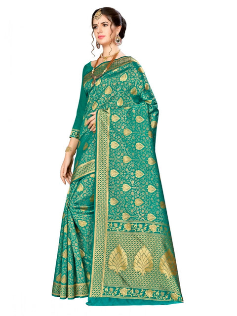 Women's Banarasi silk Saree with Blouse (Green, 5-6mtr)