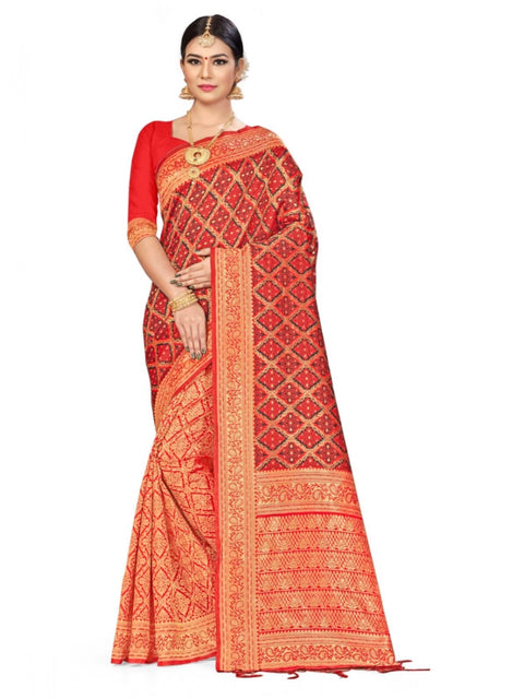 Women's Banarasi silk Saree with Blouse (Red,black, 5-6mtr)