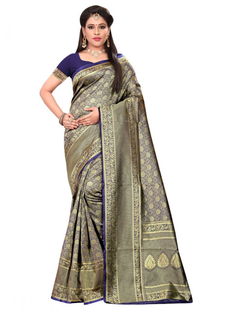 Women's Banarasi silk Saree with Blouse (Navy blue, 5-6mtr)