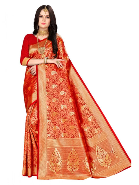 Women's Banarasi silk Saree with Blouse (Red, 5-6mtr)