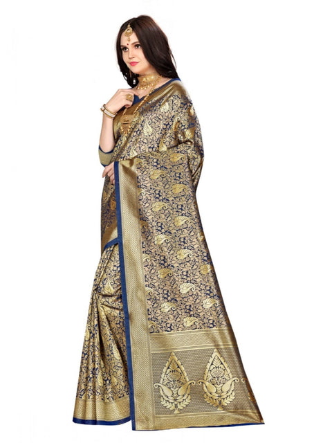 Women's Banarasi silk Saree with Blouse (Navy blue, 5-6mtr)