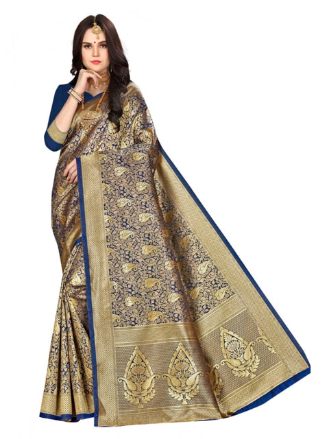 Women's Banarasi silk Saree with Blouse (Navy blue, 5-6mtr)