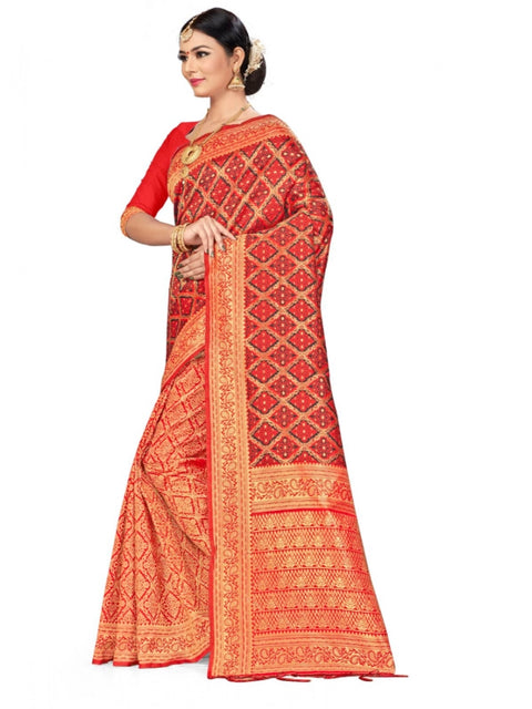 Women's Banarasi silk Saree with Blouse (Red,black, 5-6mtr)