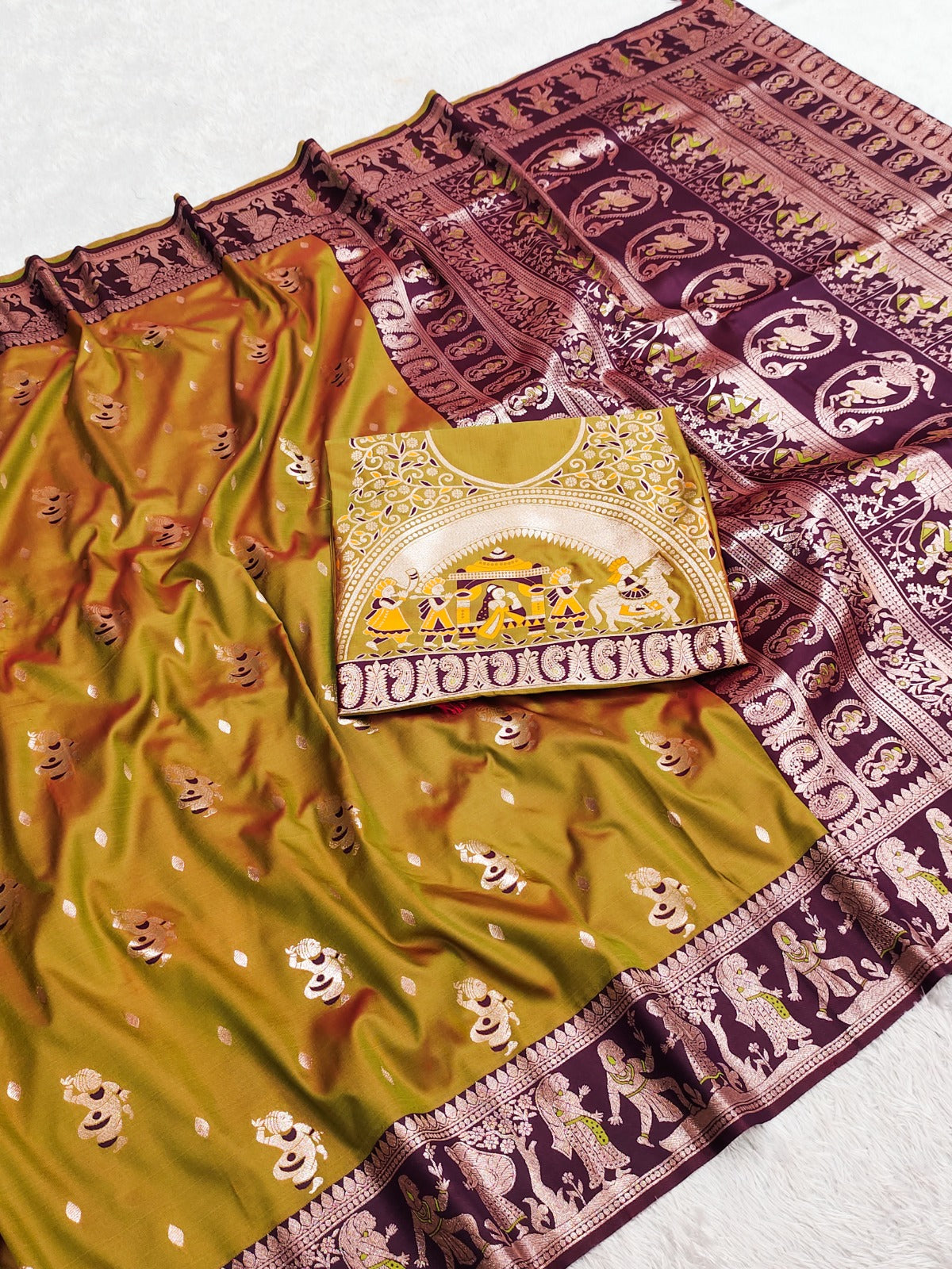 Premium Quality Pure Triple Tone Bishnupuri Swarnachuri Silk
