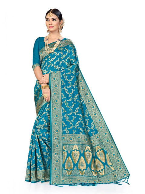 Women's Banarasi Silk Saree (Sky blue, 5-6mtrs)