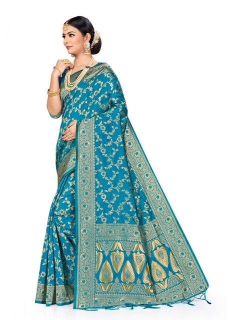 Women's Banarasi Silk Saree (Sky blue, 5-6mtrs)
