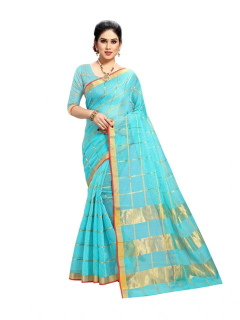 Women's Kota Doria Cotton Saree With Blouse (Sky Blue,6-3 Mtrs)