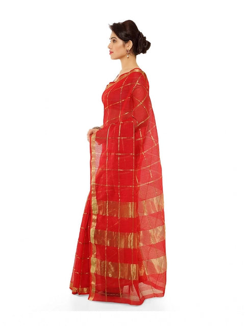 Women's Kota Doria Cotton Saree With Blouse (Red,6-3 Mtrs)