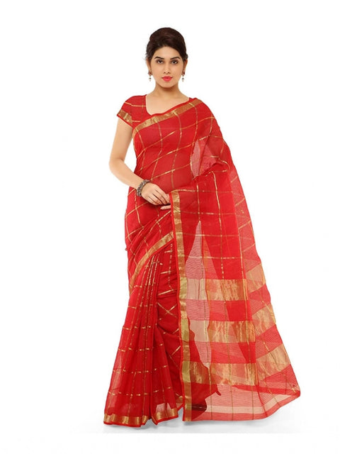 Women's Kota Doria Cotton Saree With Blouse (Red,6-3 Mtrs)