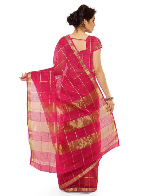 Women's Kota Doria Cotton Saree With Blouse (Rani,6-3 Mtrs)