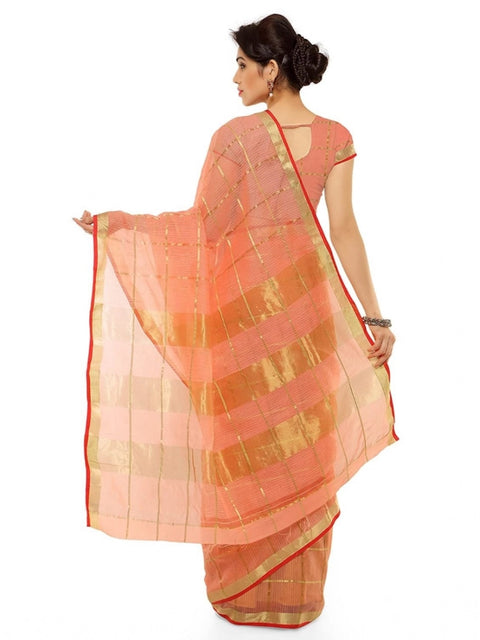 Women's Kota Doria Cotton Saree With Blouse (Peach,6-3 Mtrs)
