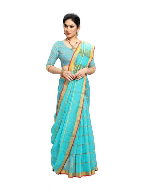 Women's Kota Doria Cotton Saree With Blouse (Sky Blue,6-3 Mtrs)