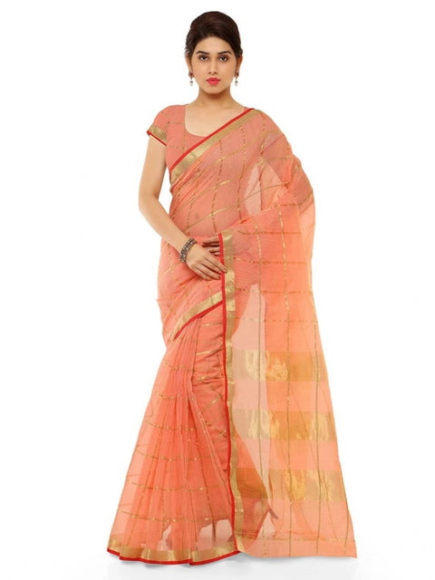 Women's Kota Doria Cotton Saree With Blouse (Peach,6-3 Mtrs)