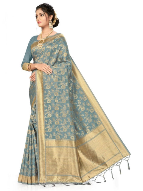 Women's Banarasi (Spun Cotton) Saree (Grey,5-6 Mtrs)