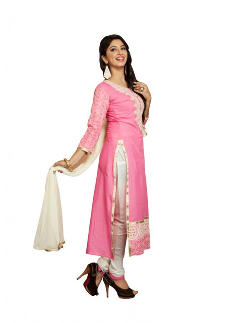 Generic Women's Georgette Unstitched Salwar Suit-Material With Dupatta (Pink & White,2.2 Mtrs)