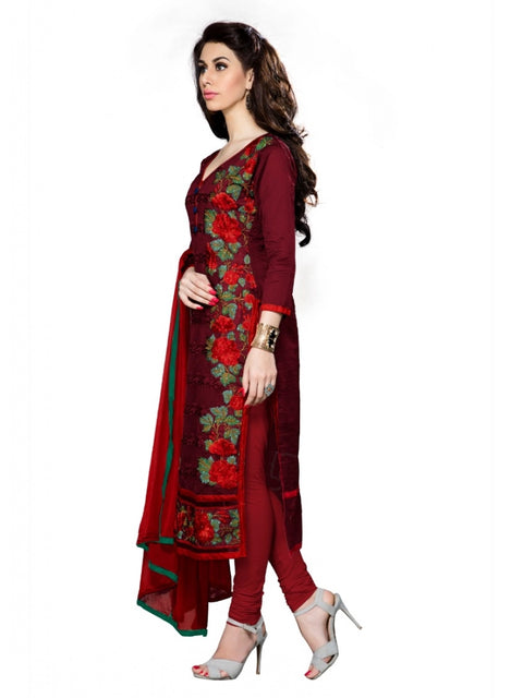 Generic Women's Cotton Unstitched Salwar Suit-Material With Dupatta (Dark Maroon,2.3 Mtrs)