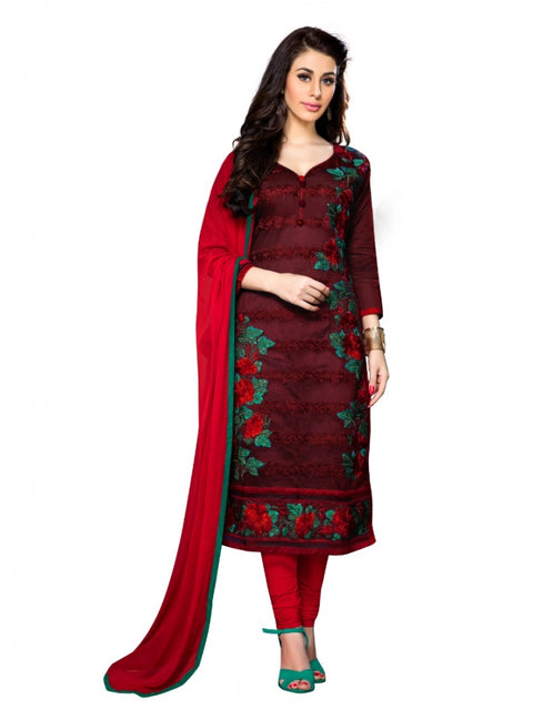 Generic Women's Cotton Unstitched Salwar Suit-Material With Dupatta (Dark Maroon,2.3 Mtrs)