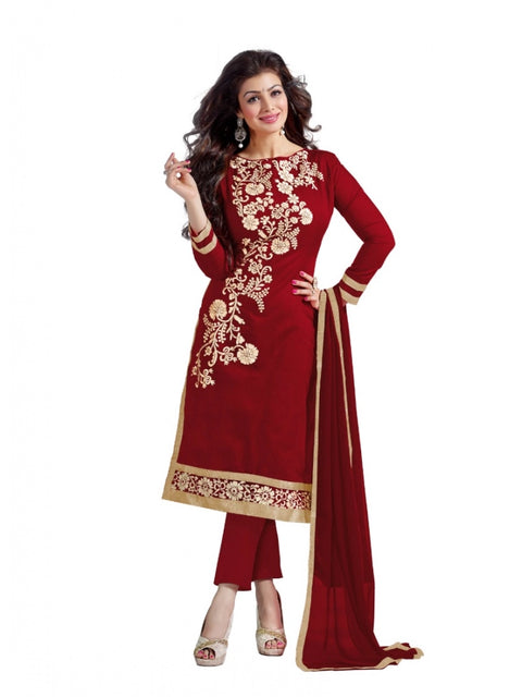 Generic Women's Chanderi Unstitched Salwar Suit-Material With Dupatta (Maroon,2 Mtrs)
