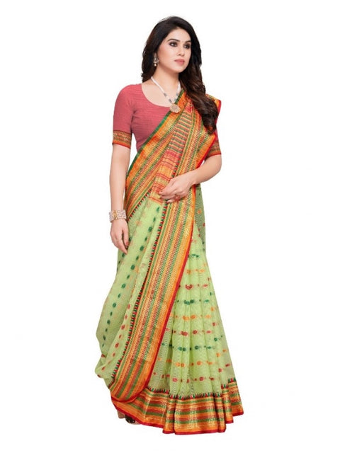 Women's Kota Doria Cotton Woven Butta Saree With Blouse (Light Green, 5-6 Mtrs)