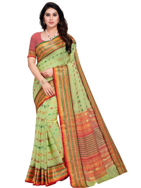 Women's Kota Doria Cotton Woven Butta Saree With Blouse (Light Green, 5-6 Mtrs)
