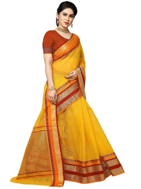 Women's Kota Doria Cotton Border Saree With Blouse (Yellow, 5-6 Mtrs)