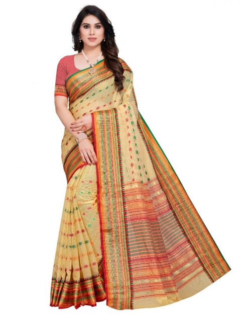 Women's Kota Doria Cotton Woven Butta Saree With Blouse (Beige, 5-6 Mtrs)
