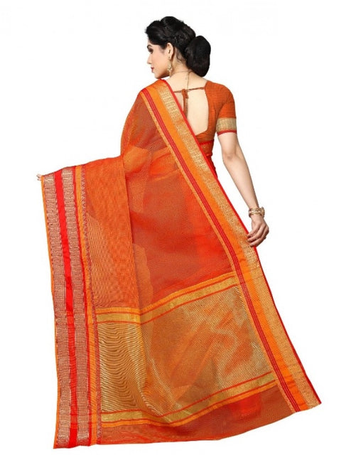 Women's Kota Doria Cotton Border Saree With Blouse (Orange, 5-6 Mtrs)