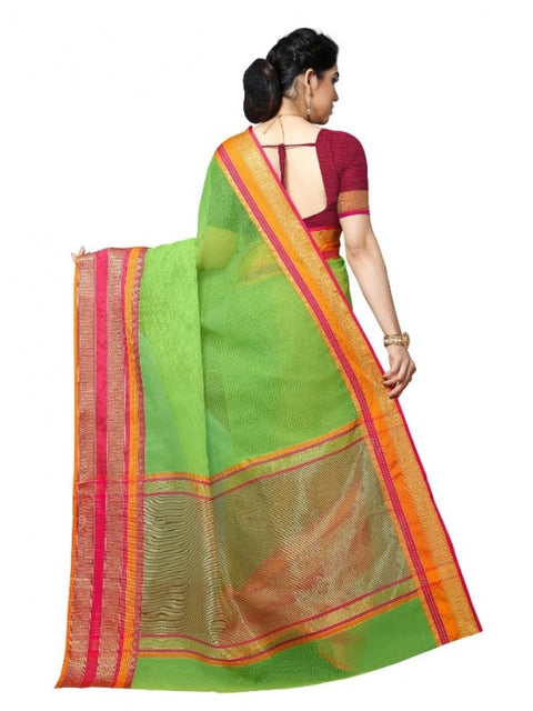 Women's Kota Doria Cotton Border Saree With Blouse (Light Green, 5-6 Mtrs)