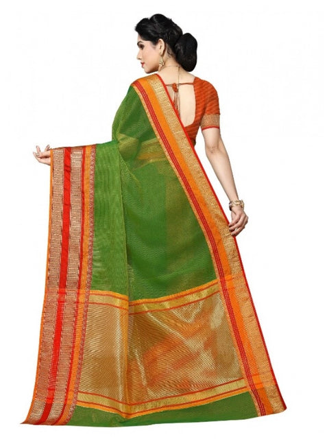 Women's Kota Doria Cotton Border Saree With Blouse (Green, 5-6 Mtrs)