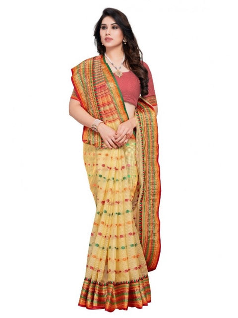Women's Kota Doria Cotton Woven Butta Saree With Blouse (Beige, 5-6 Mtrs)