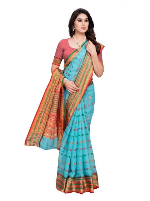 Women's Kota Doria Cotton Woven Butta Saree With Blouse (Sky Blue, 5-6 Mtrs)