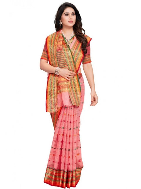 Women's Kota Doria Cotton Woven Butta Saree With Blouse (Pink, 5-6 Mtrs)