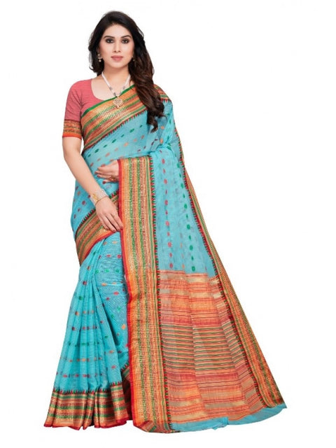 Women's Kota Doria Cotton Woven Butta Saree With Blouse (Sky Blue, 5-6 Mtrs)