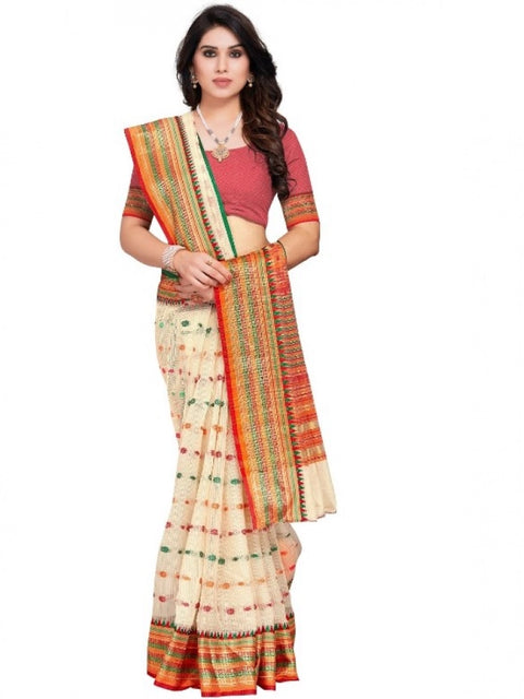 Women's Kota Doria Cotton Woven Butta Saree With Blouse (Cream, 5-6 Mtrs)