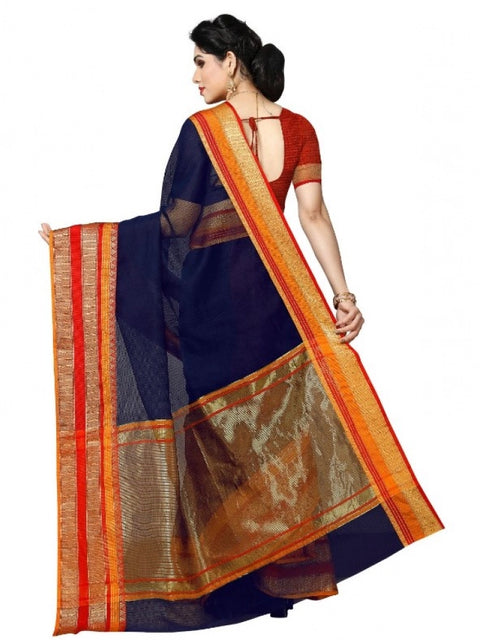 Women's Kota Doria Cotton Border Saree With Blouse (Navy Blue, 5-6 Mtrs)