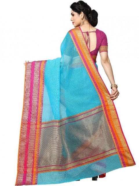 Women's Kota Doria Cotton Border Saree With Blouse (Sky Blue, 5-6 Mtrs)