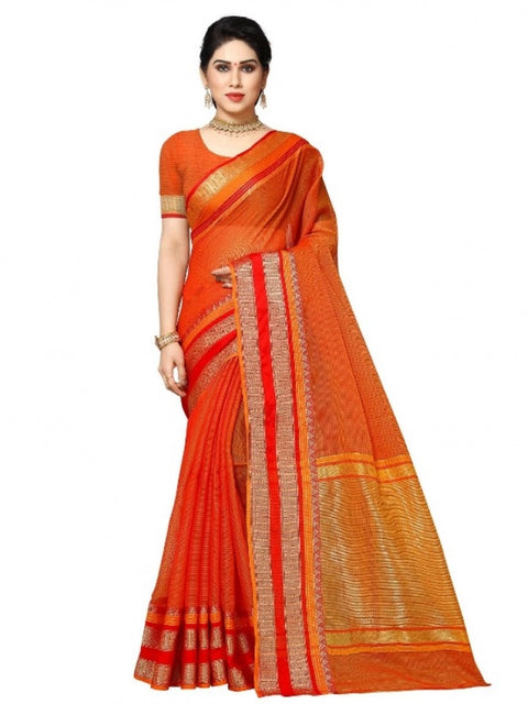 Women's Kota Doria Cotton Border Saree With Blouse (Orange, 5-6 Mtrs)