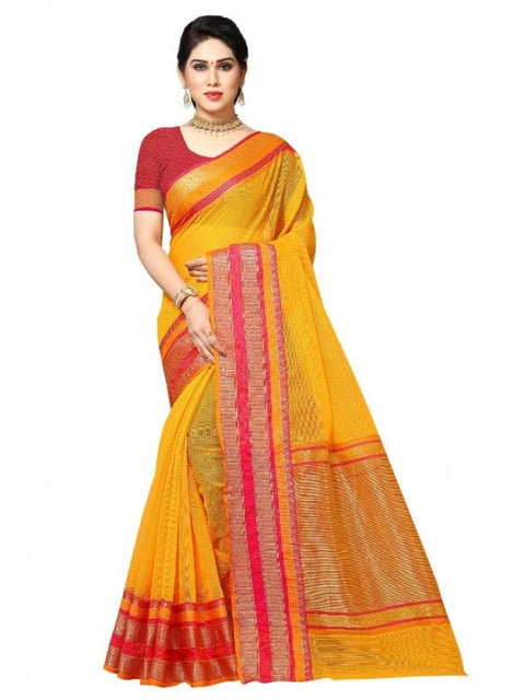 Women's Kota Doria Cotton Border Saree With Blouse (Gold, 5-6 Mtrs)