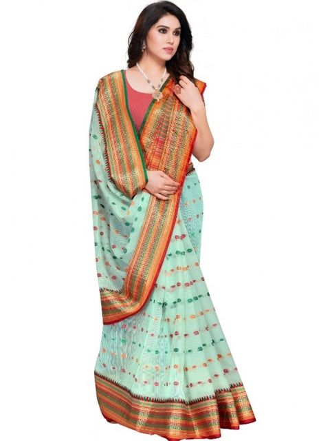 Women's Kota Doria Cotton Woven Butta Saree With Blouse (Pista, 5-6 Mtrs)